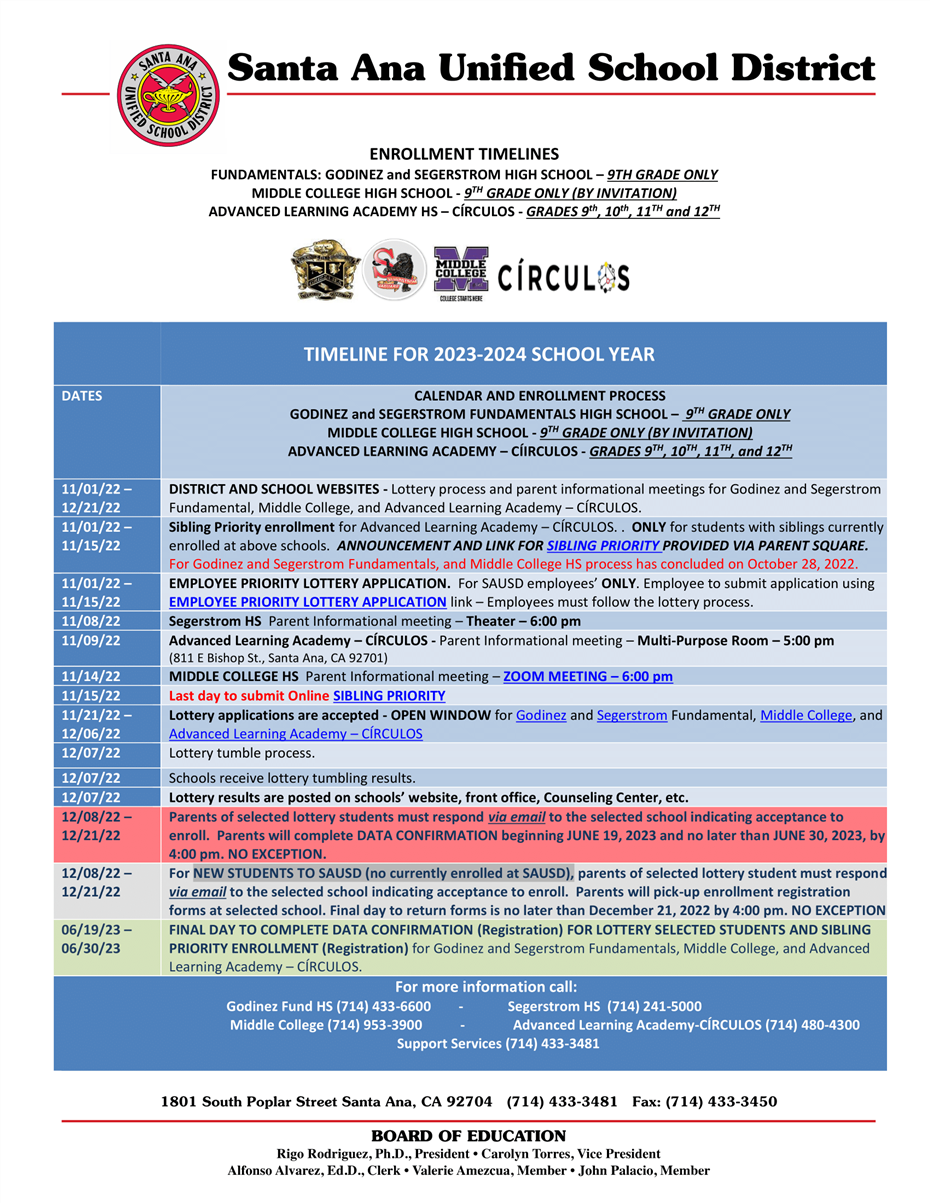  2023-24 Enrollment dates for Fundamental High Schools 